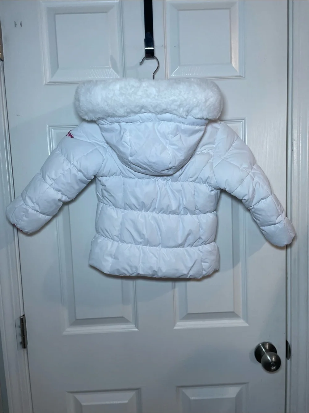 Snozu Girls 4T White Puffer Winter Coat Faux Fur Hood Pink Lined